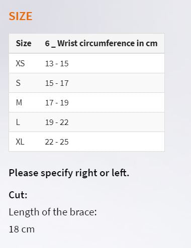 Carpal Tunnel Syndrome Braces Size chart